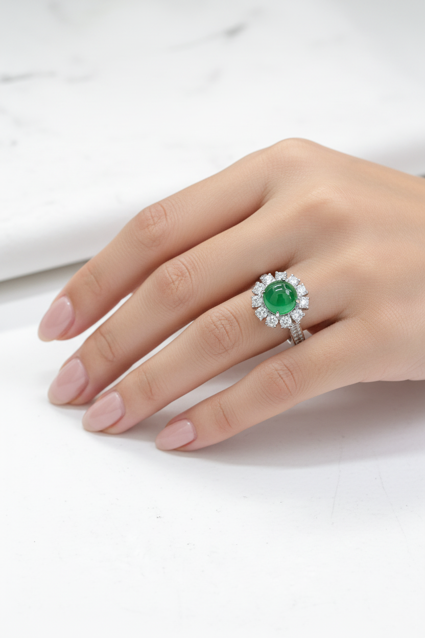 18K White Gold Round Shape Jade with Diamond Ring