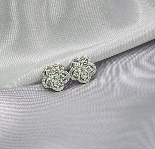 18K White Gold Lab Grown Diamond Flower Cluster Stud Earrings