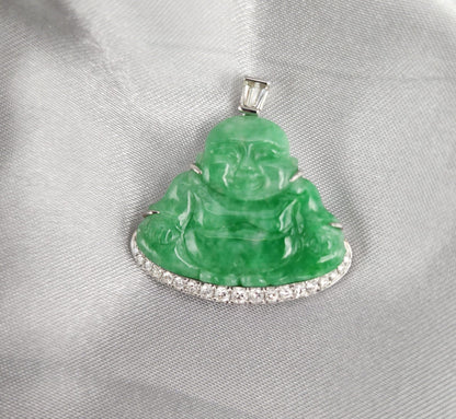18K White Gold Natural Jade Buddha Pendant with Pavé Diamond Border