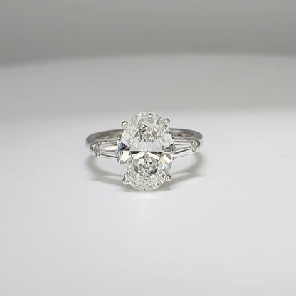 18K White Gold Lab Grown Oval Diamond Ring with Baguette Side Diamonds