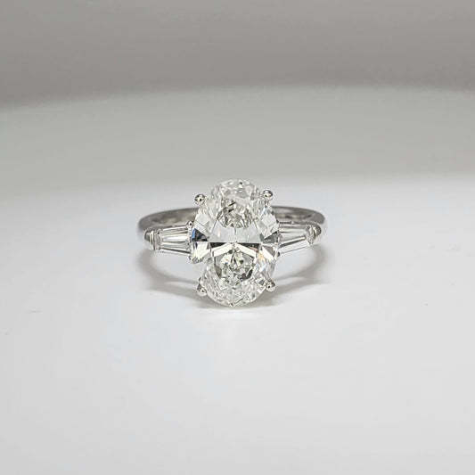 18K White Gold Lab Grown Oval Diamond Ring with Baguette Side Diamonds