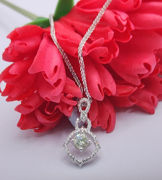 18K white gold lab-grown diamond geometric rhombus pendant, 0.25ct solitaire with 47-stone pavé frame, pendant only