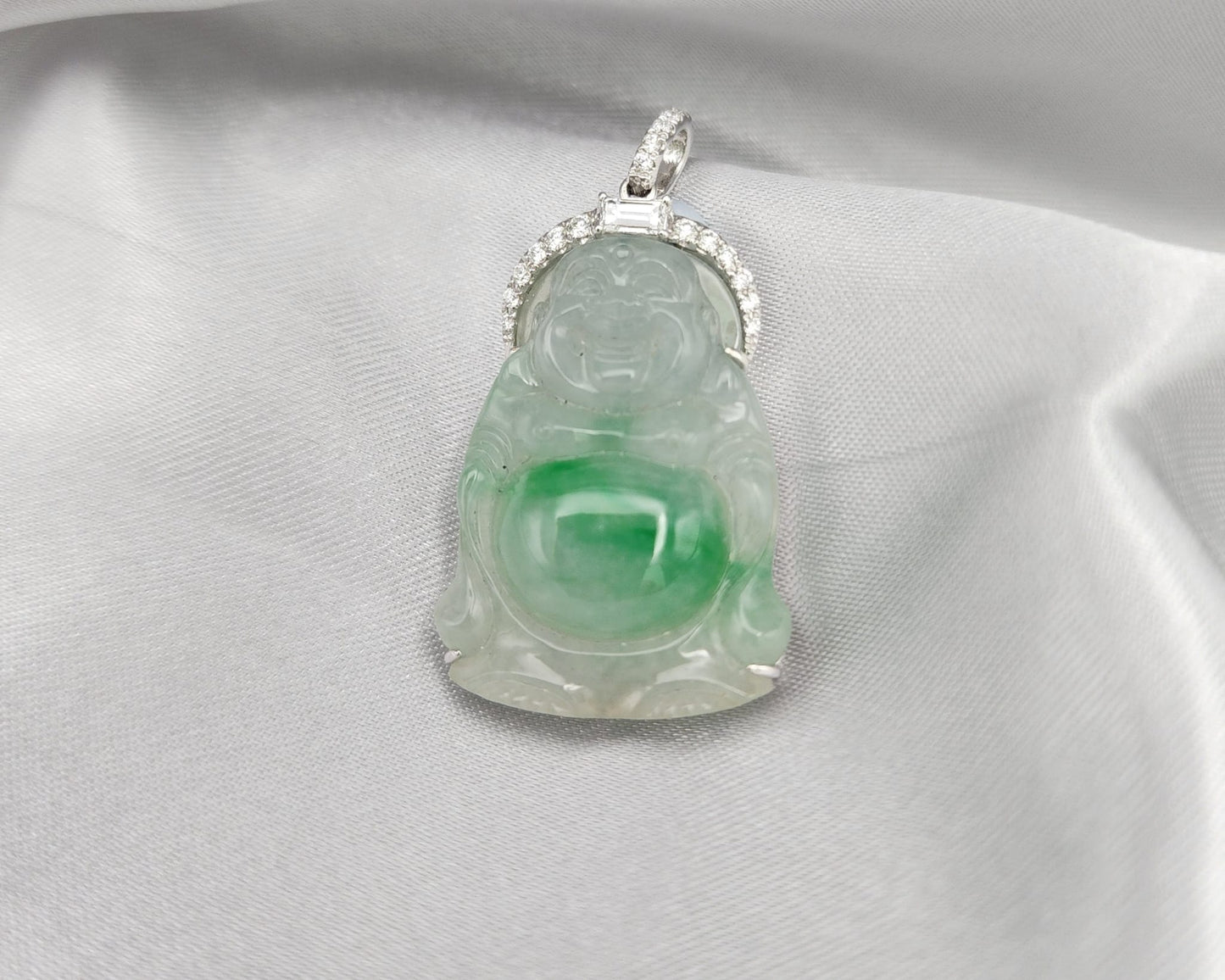 18K White Gold Hand-Carved Icy Jade Buddha Pendant with Baguette & Diamond Pavé