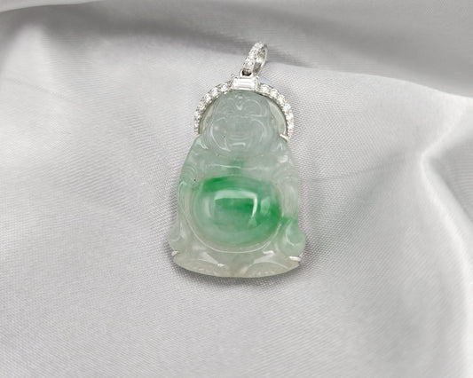 18K White Gold Hand-Carved Icy Jade Buddha Pendant with Baguette & Diamond Pavé