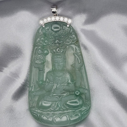 18K White Gold Certified Type A Natural Jade Guanyin Pendant with Diamond Pavé