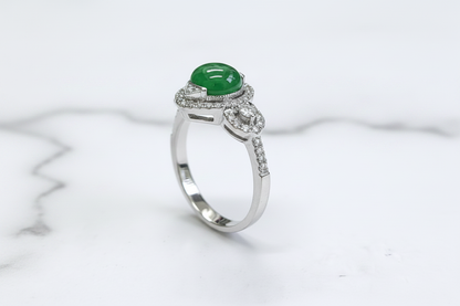 18K White Gold Oval Jade Diamond Ring