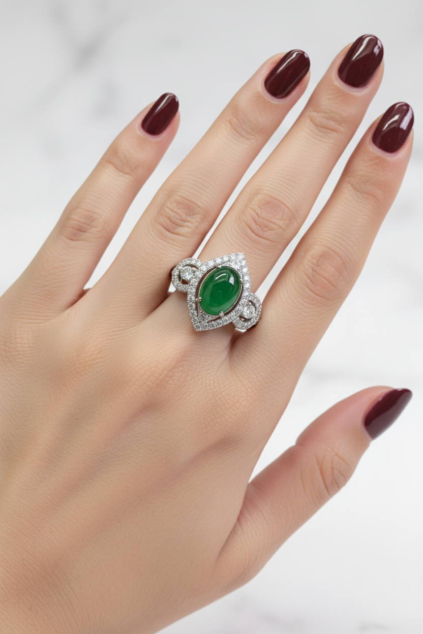 18K White Gold Oval Jade Diamond Ring