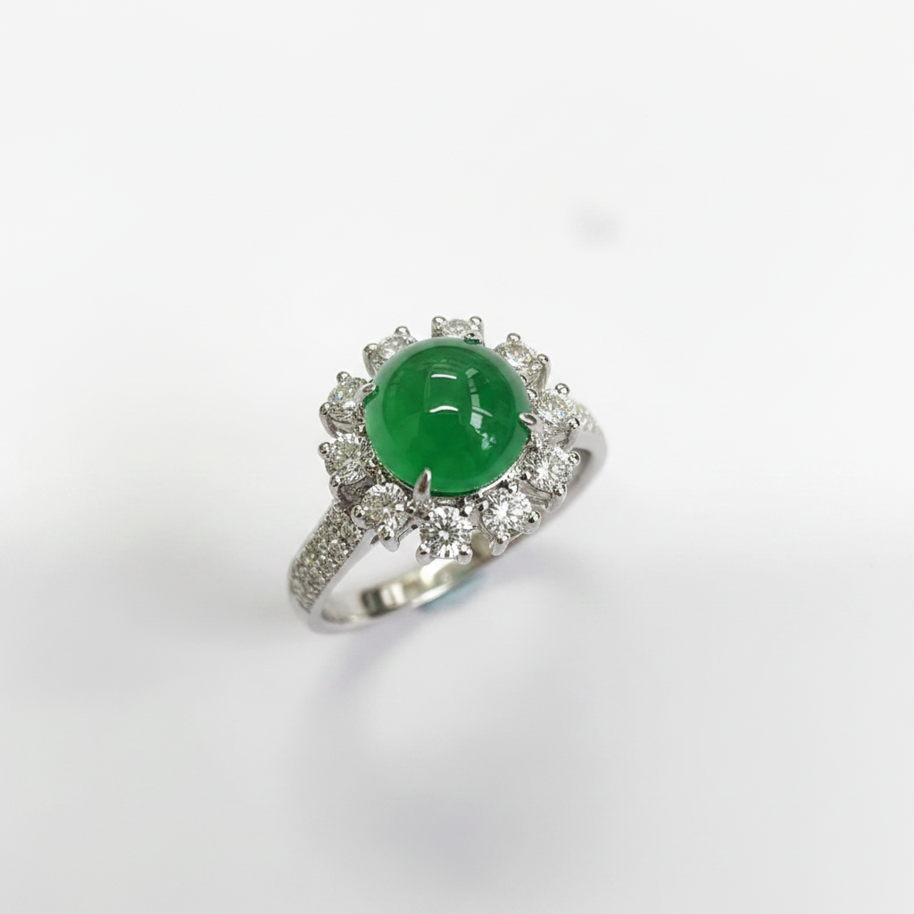 18K White Gold Round Shape Jade with Diamond Ring
