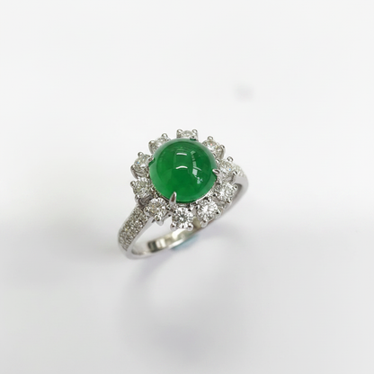 18K White Gold Round Shape Jade with Diamond Ring