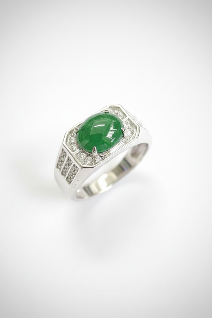 18K White Gold Oval Jade Diamond Ring