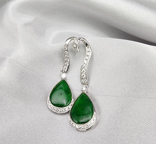 18K White Gold Natural Jade Pear Drop Pendant with Diamond Pavé Hook