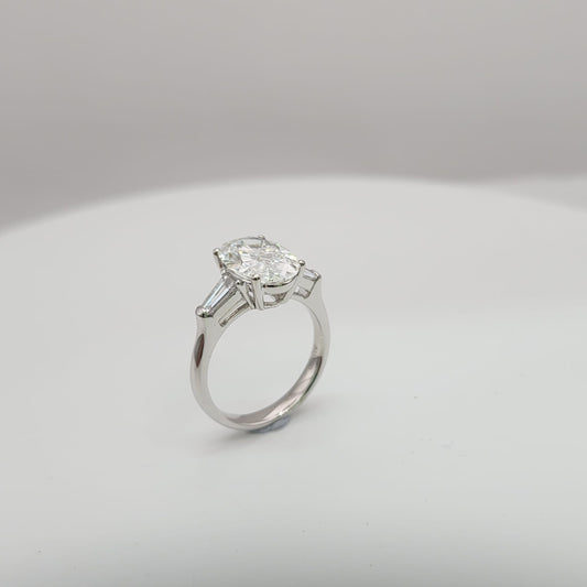 18K White Gold Lab Grown Oval Diamond Ring with Baguette Side Diamonds