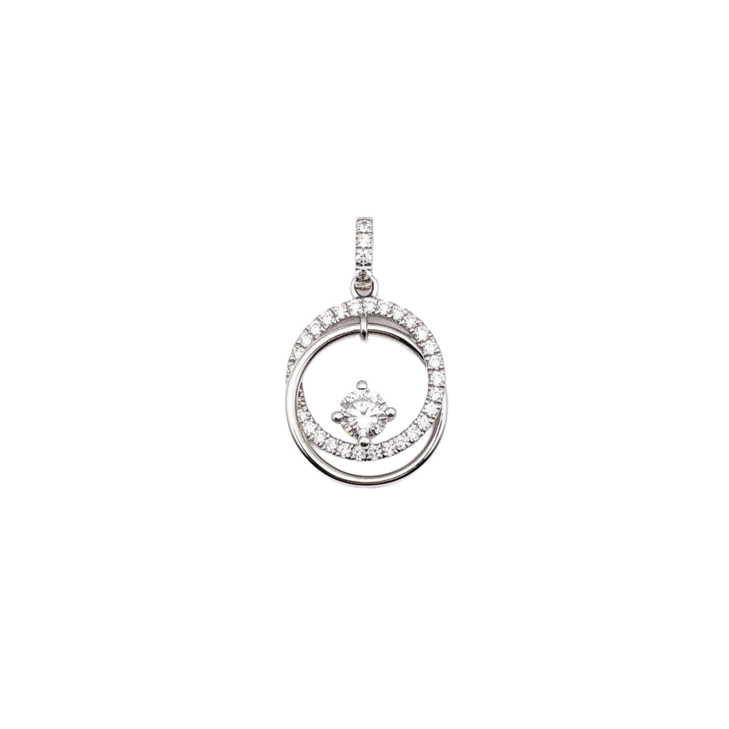 18K white gold lab-grown diamond orbit pendant close-up, 0.31ct solitaire with pavé diamond ring