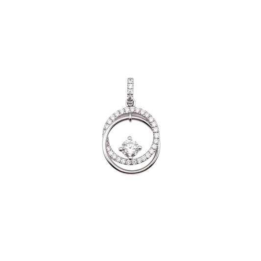 18K white gold lab-grown diamond orbit pendant close-up, 0.31ct solitaire with pavé diamond ring