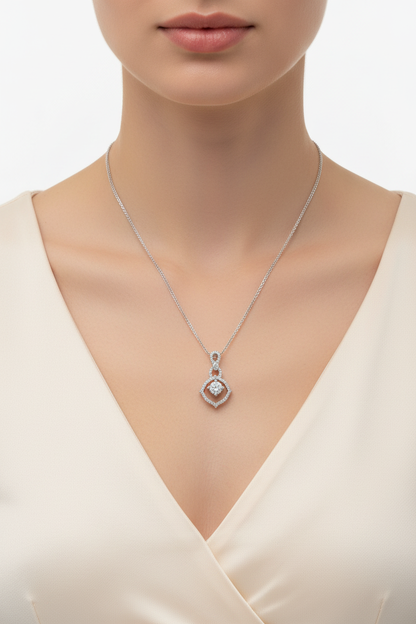 18K white gold lab-grown diamond geometric rhombus pendant, 0.25ct solitaire with 47-stone pavé frame, pendant only