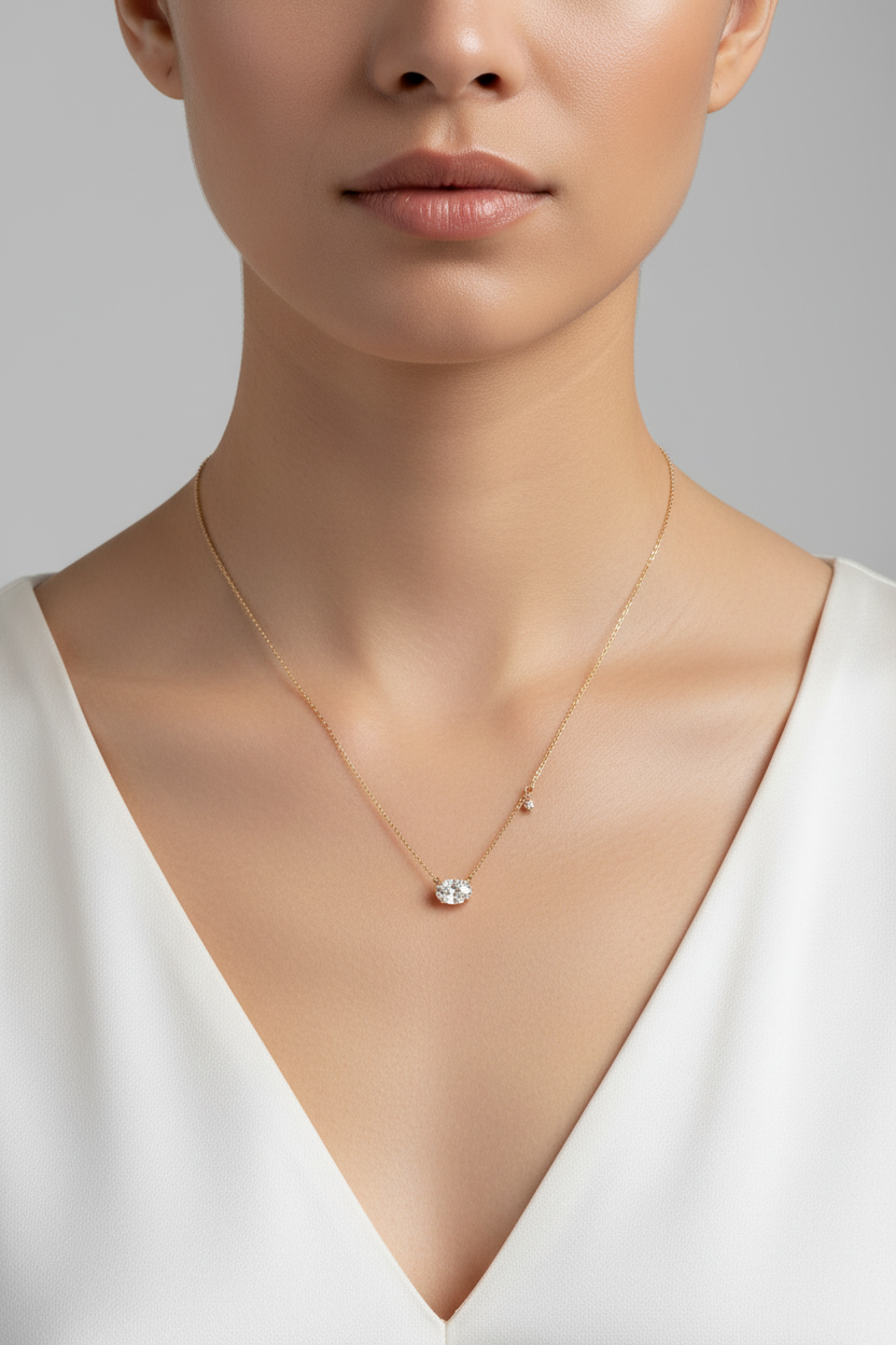 Model wearing oval diamond necklace
